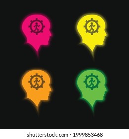 Bald Head With Gear And Running Man Inside four color glowing neon vector icon