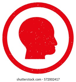 Bald Head grainy textured icon inside circle for overlay watermark stamps. Flat symbol with scratched texture. Circled dotted vector red ink rubber seal stamp with grunge design on a white background.