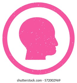 Bald Head grainy textured icon inside circle for overlay watermark stamps. Flat symbol with dirty texture. Circled dotted vector pink ink rubber seal stamp with grunge design on a white background.