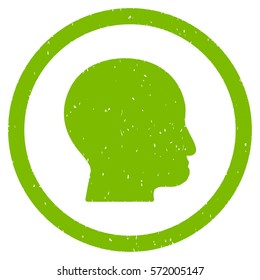 Bald Head grainy textured icon inside circle for overlay watermark stamps. Flat symbol with scratched texture.