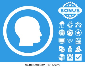 Bald Head icon with bonus pictures. Vector illustration style is flat iconic symbols, white color, blue background.