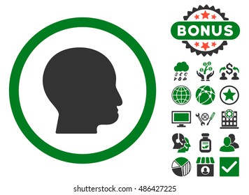 Bald Head icon with bonus symbols. Vector illustration style is flat iconic bicolor symbols, green and gray colors, white background.