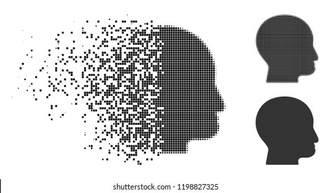 Bald Head Icon In Disappearing, Dotted Halftone And Undamaged Solid Variants. Pixels Are Grouped Into Vector Disappearing Bald Head Icon. Disintegration Effect Uses Rectangle Points.