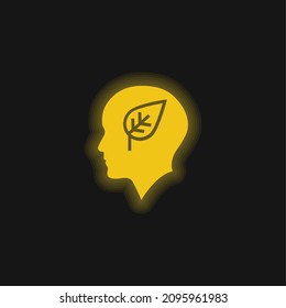 Bald Head With Leaf yellow glowing neon icon