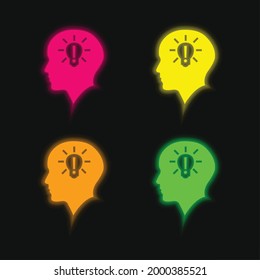Cabeza calva con bombilla de luz con signo de exclamación dentro de un icono de vector de neón brillante de cuatro colores