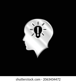 Bald Head With Lightbulb With Exclamation Sign Inside silver plated metallic icon