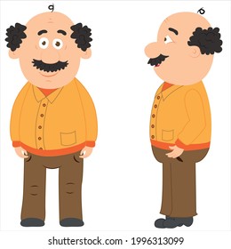 bald head middle aged mustache retired grandfather dad character premium vector comic character in orange yellow sweater brown pants