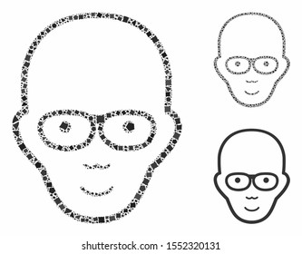 Bald head mosaic of humpy items in various sizes and shades, based on bald head icon. Vector joggly items are united into collage. Bald head icons collage with dotted pattern.