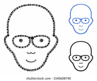 Bald head mosaic of small circles in various sizes and color tinges, based on bald head icon. Vector small circles are combined into blue illustration.