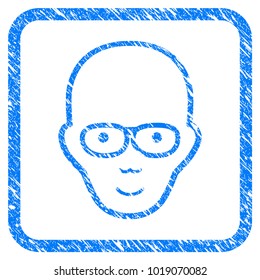 Bald Head rubber seal stamp watermark. Icon vector symbol with grunge design and corrosion texture in rounded square frame. Scratched blue sticker on a white background.