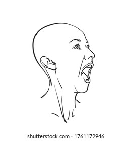 Bald head of screaming girl with wide open mouth, Vector sketch, Hand drawn illustration