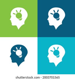 Bald Head Side View With A Lightbulb Inside Flat four color minimal icon set