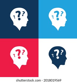 Bald Head Side View With Three Question Marks blue and red four color minimal icon set