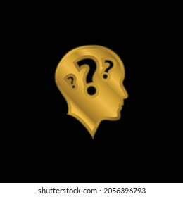Bald Head Side View With Three Question Marks gold plated metalic icon or logo vector