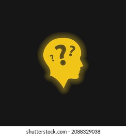 Bald Head Side View With Three Question Marks yellow glowing neon icon