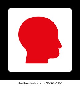 Bald Head vector icon. Style is flat rounded square button, red and white colors, black background.
