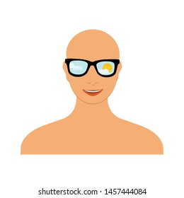 Bald head woman with blue sky, sun and cloud reflection in sunglasses. Teenage girl, woman with different facial expression. 
