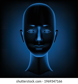 Bald head in X-ray light. The face is glowing blue. Vector illustration