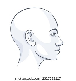 Bald healthy woman face profile grayscale vector illustration on white background