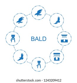 bald icons. Set of 8 filled bald icons included eagle, hair removal on circle background. Editable bald icons for web, mobile and infographics.