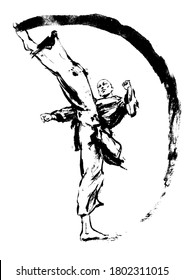 A bald karate fighter in a kimono makes a beautiful circular kick, leaving an ink trail, drawn in ink. 2D illustration.
