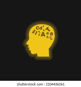 Bald Male Head Side View With Letters Inside Yellow Glowing Neon Icon