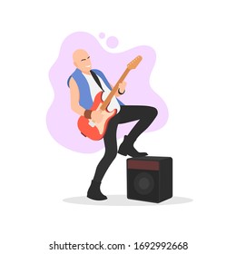 Bald Male Heavy Metal Hard Rock Guitarist Playing Electric Guitar. Rock N' Roll Concept. Rockstar Symbol. Band Member. Sound System. Box Speaker - Simple Flat Design Vector Character Illustration.