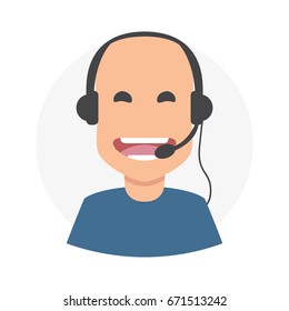 Bald man 24h all the time customer support center via phone. mail operator service icons concept.