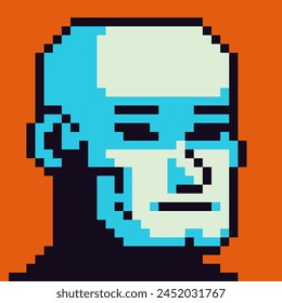 Bald man avatar pixel art character 8-bit, cartoon, game user or web profile person, people, social net male portrait, strange guy face, minimalistic vector illustration.