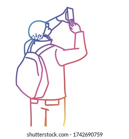 Hombre calvo con mochila se hace selfie en un smartphone. Colores arcoiris en ilustración vectorial lineal.