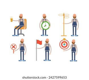 bald man barista character in various poses vector illustration