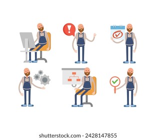 bald man barista character in various poses vector illustration