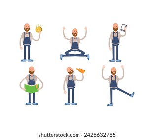 bald man barista character in various poses vector illustration