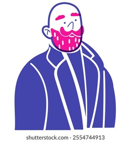 Bald man with beard. Avatar in flat doodle style. Risograph print effect