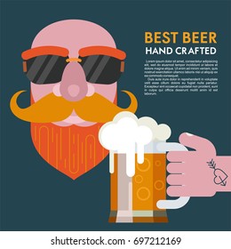 A bald man with a beard in sunglasses and a mug of beer in a tattooed hand. The best beer hand crafted. Vector illustration with place for text.