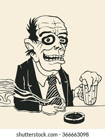Bald Man With A Beer And A Cigarette In The Bar. Vector Illustration.