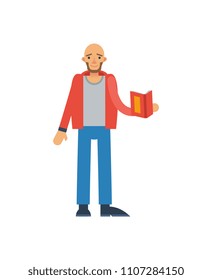Bald man with book icon. Literature concept, bookstore advertising, knowledge and education vector illustration in flat style.
