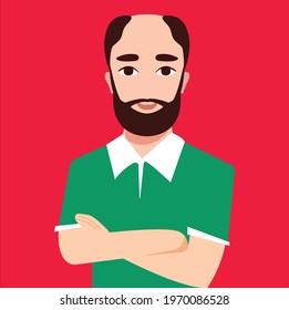 bald man with brown beard and green t shirt. avatar, comic, upper body