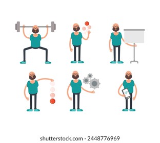bald man character in different poses set vector illustration