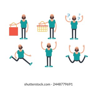 bald man character in different poses set vector illustration