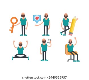 bald man character in different poses set vector illustration