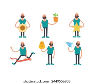 bald man character in different poses set vector illustration