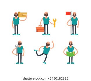 bald man character in different poses set vector illustration
