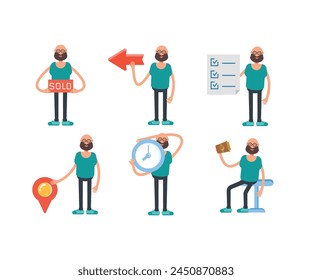 bald man character in different poses set vector illustration