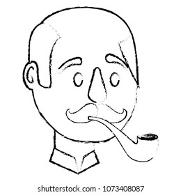 bald man character face with mustache and smoking pipe