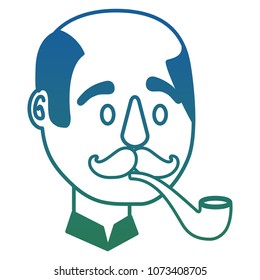 bald man character face with mustache and smoking pipe