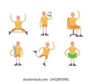 bald man characters in different poses vector set