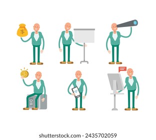 bald man characters set in various poses illustration