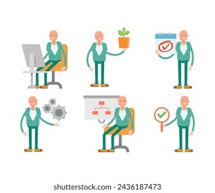 bald man characters set in various poses illustration
