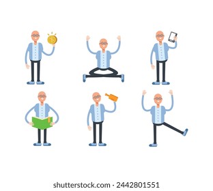 calvo hombre personajes establecidos en varias poses ilustración vectorial